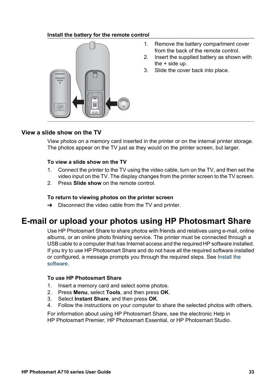 View a slide show on the tv | HP Photosmart A717 Compact Photo Printer User Manual | Page 36 / 80