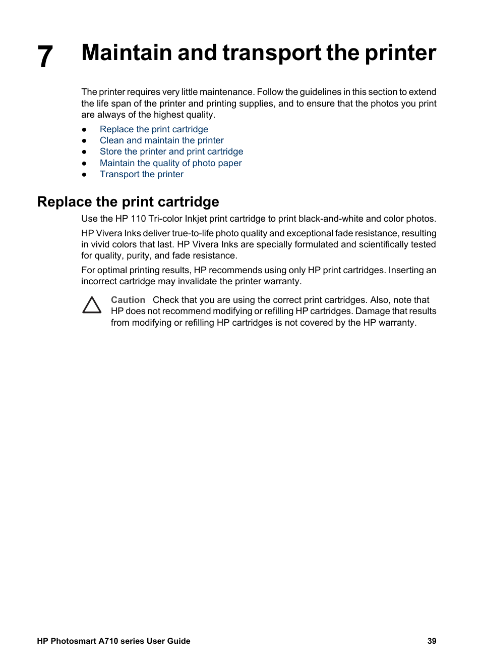 Maintain and transport the printer, Replace the print cartridge | HP Photosmart A717 Compact Photo Printer User Manual | Page 42 / 80