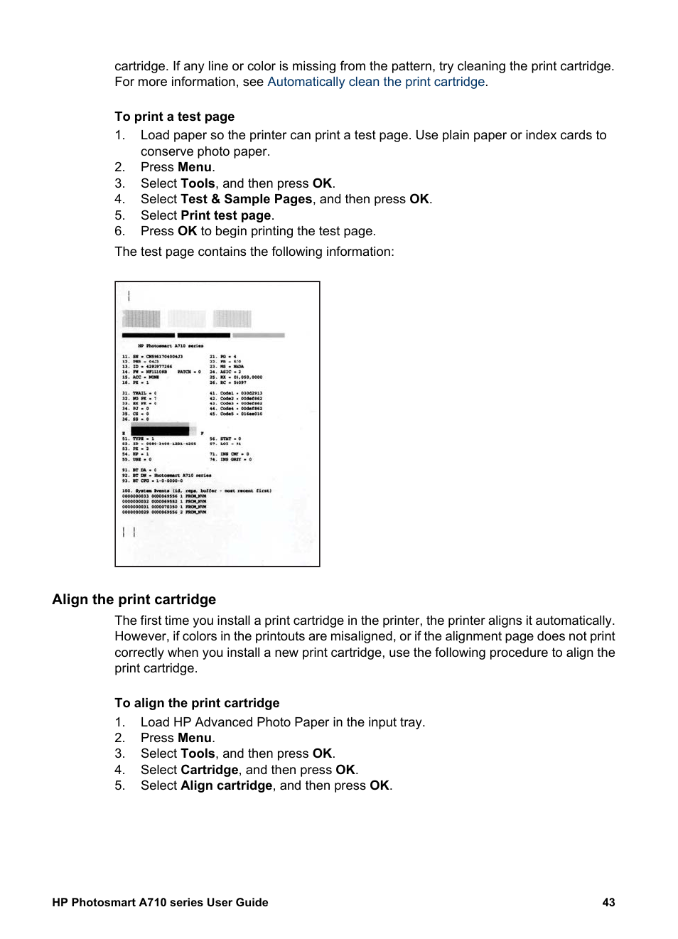 Align the print cartridge | HP Photosmart A717 Compact Photo Printer User Manual | Page 46 / 80