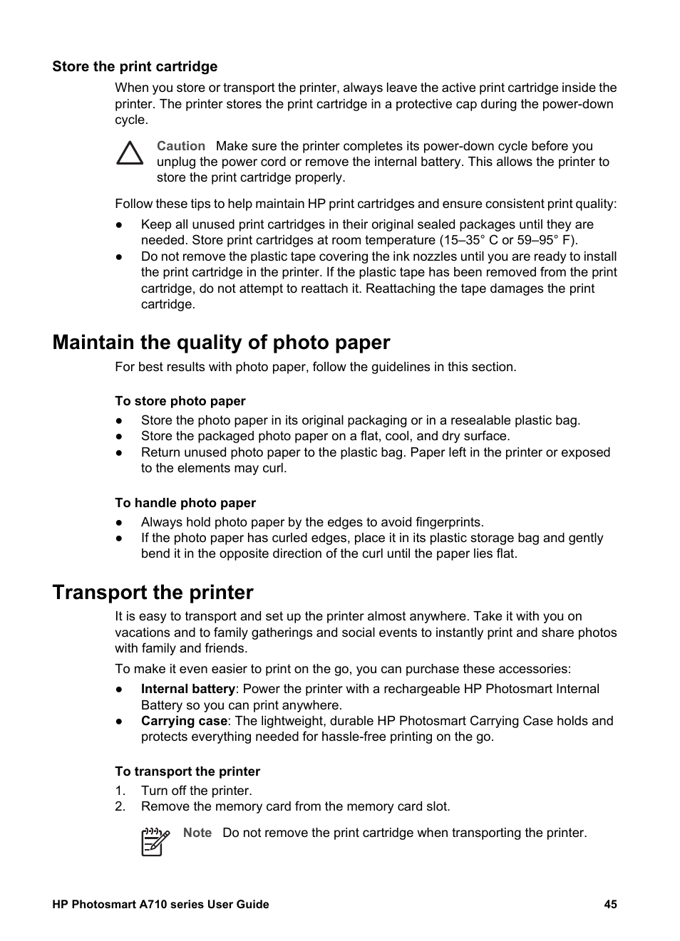 Store the print cartridge, Maintain the quality of photo paper, Transport the printer | HP Photosmart A717 Compact Photo Printer User Manual | Page 48 / 80