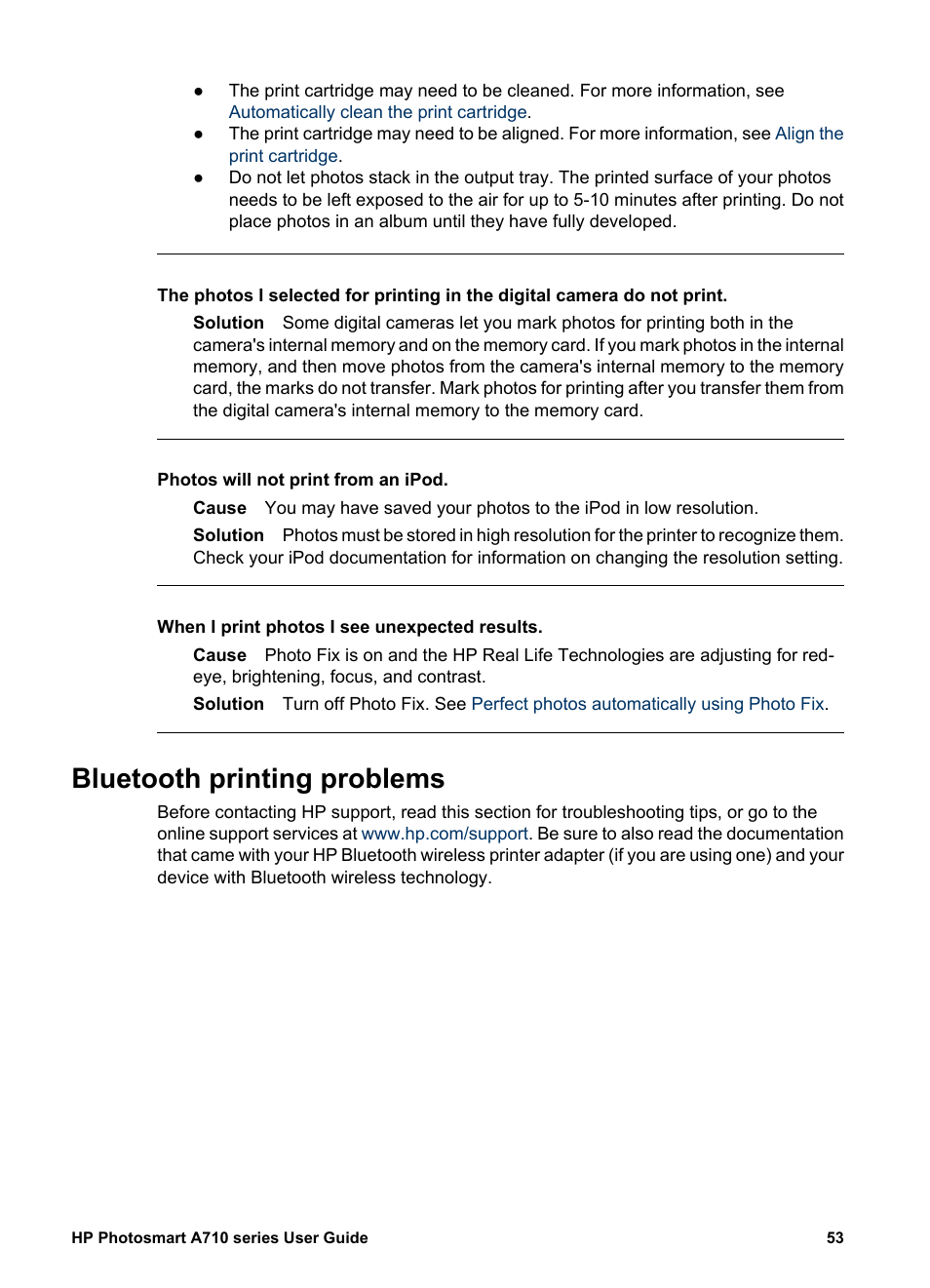 Bluetooth printing problems | HP Photosmart A717 Compact Photo Printer User Manual | Page 56 / 80