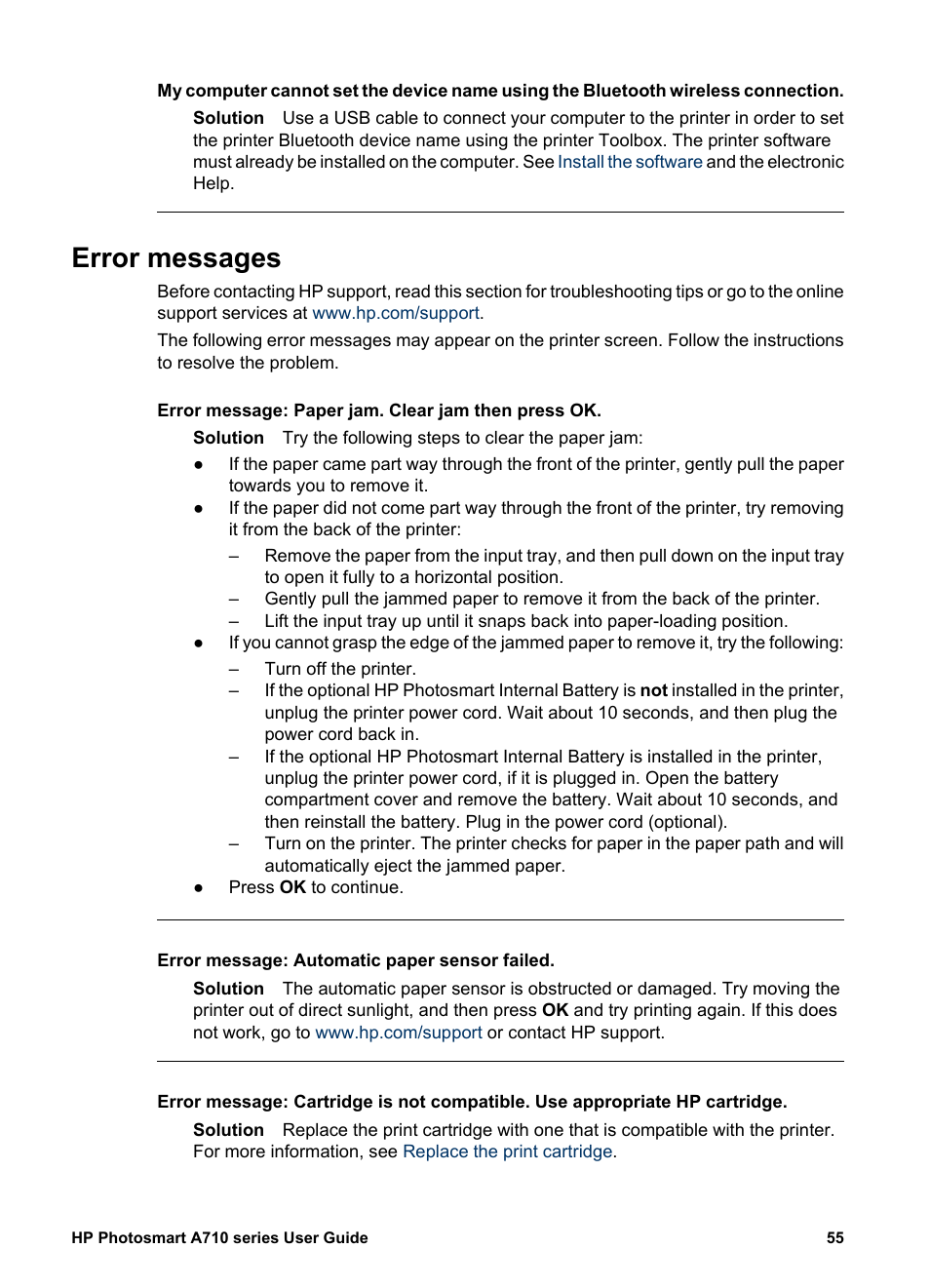 Error messages | HP Photosmart A717 Compact Photo Printer User Manual | Page 58 / 80