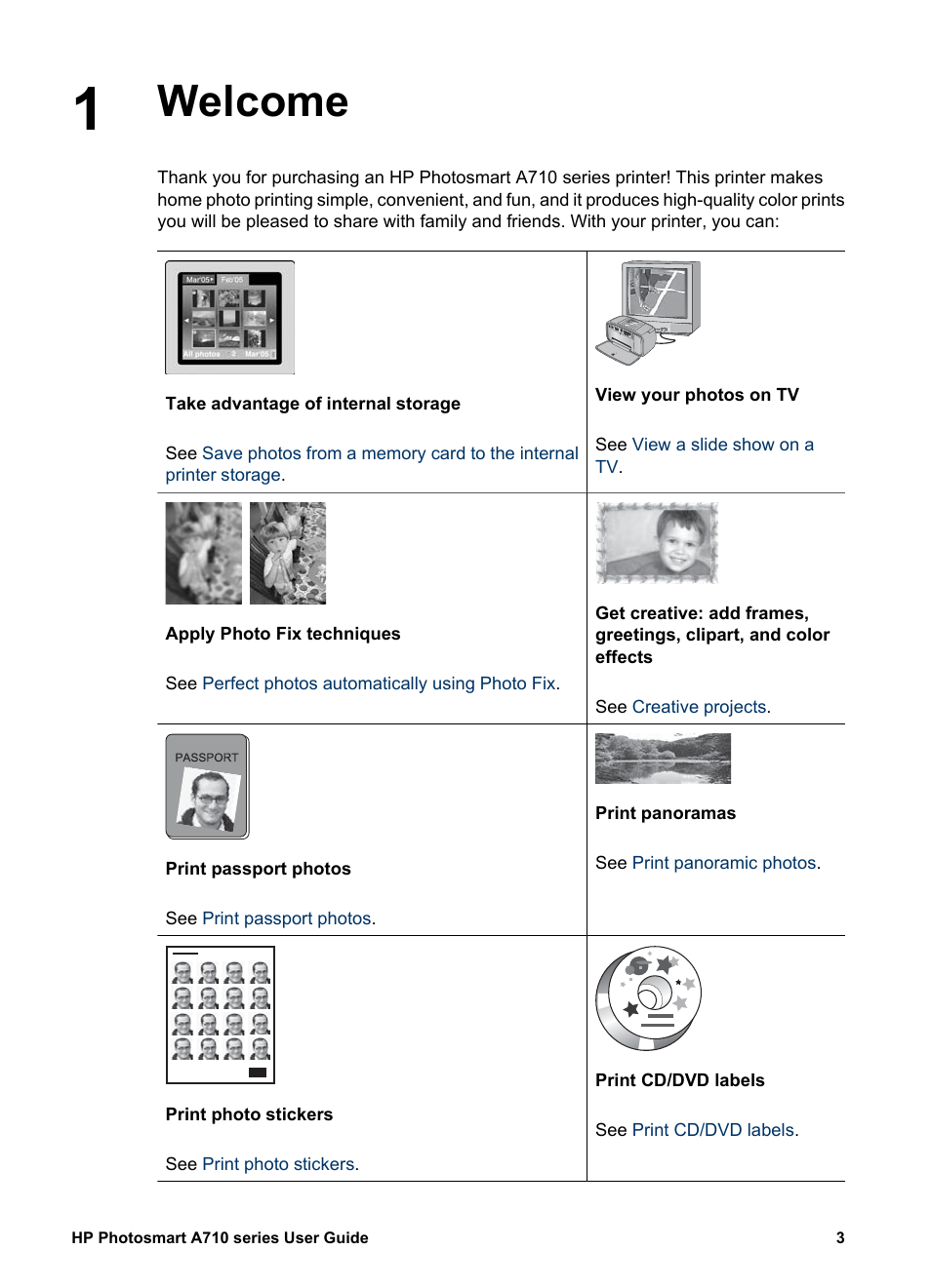 Welcome | HP Photosmart A717 Compact Photo Printer User Manual | Page 6 / 80