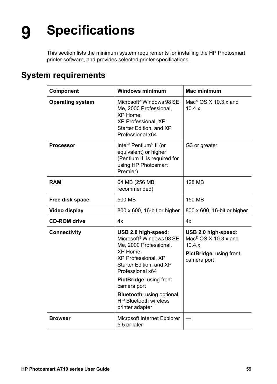 Specifications, System requirements, Specifications system requirements | HP Photosmart A717 Compact Photo Printer User Manual | Page 62 / 80