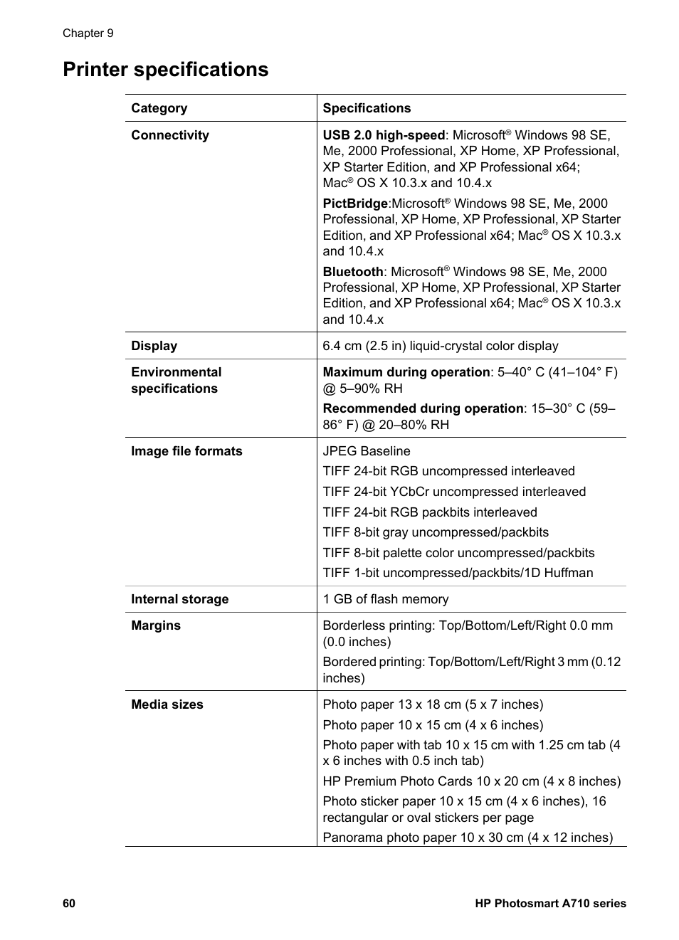 Printer specifications | HP Photosmart A717 Compact Photo Printer User Manual | Page 63 / 80