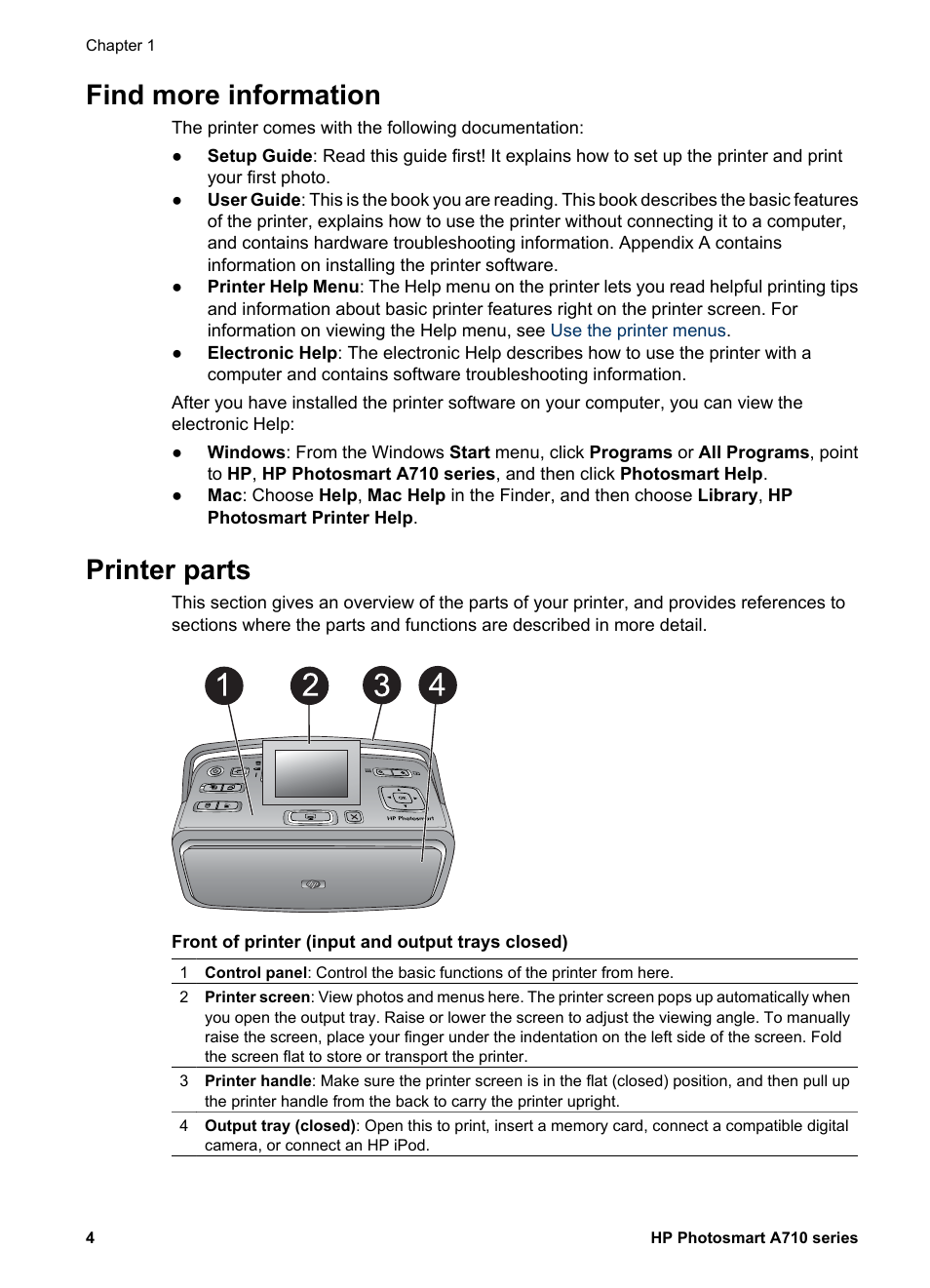 Find more information, Printer parts, Find more information printer parts | HP Photosmart A717 Compact Photo Printer User Manual | Page 7 / 80