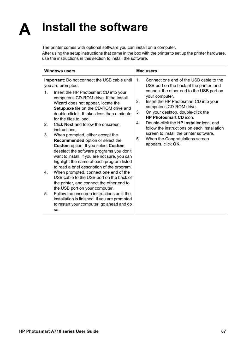 Install the software | HP Photosmart A717 Compact Photo Printer User Manual | Page 70 / 80