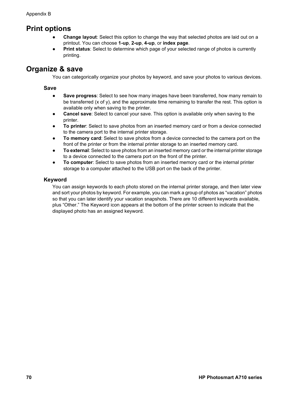 Print options, Organize & save, Save | Keyword, Print options organize & save, Save keyword date correction | HP Photosmart A717 Compact Photo Printer User Manual | Page 73 / 80