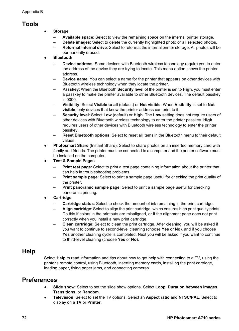 Tools, Help, Preferences | Tools help preferences | HP Photosmart A717 Compact Photo Printer User Manual | Page 75 / 80