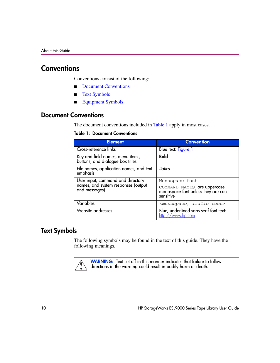 Conventions, Document conventions, Table 1: document conventions | Text symbols, Document conventions text symbols, 1 document conventions | HP StorageWorks ESL9000 Tape Library User Manual | Page 10 / 142