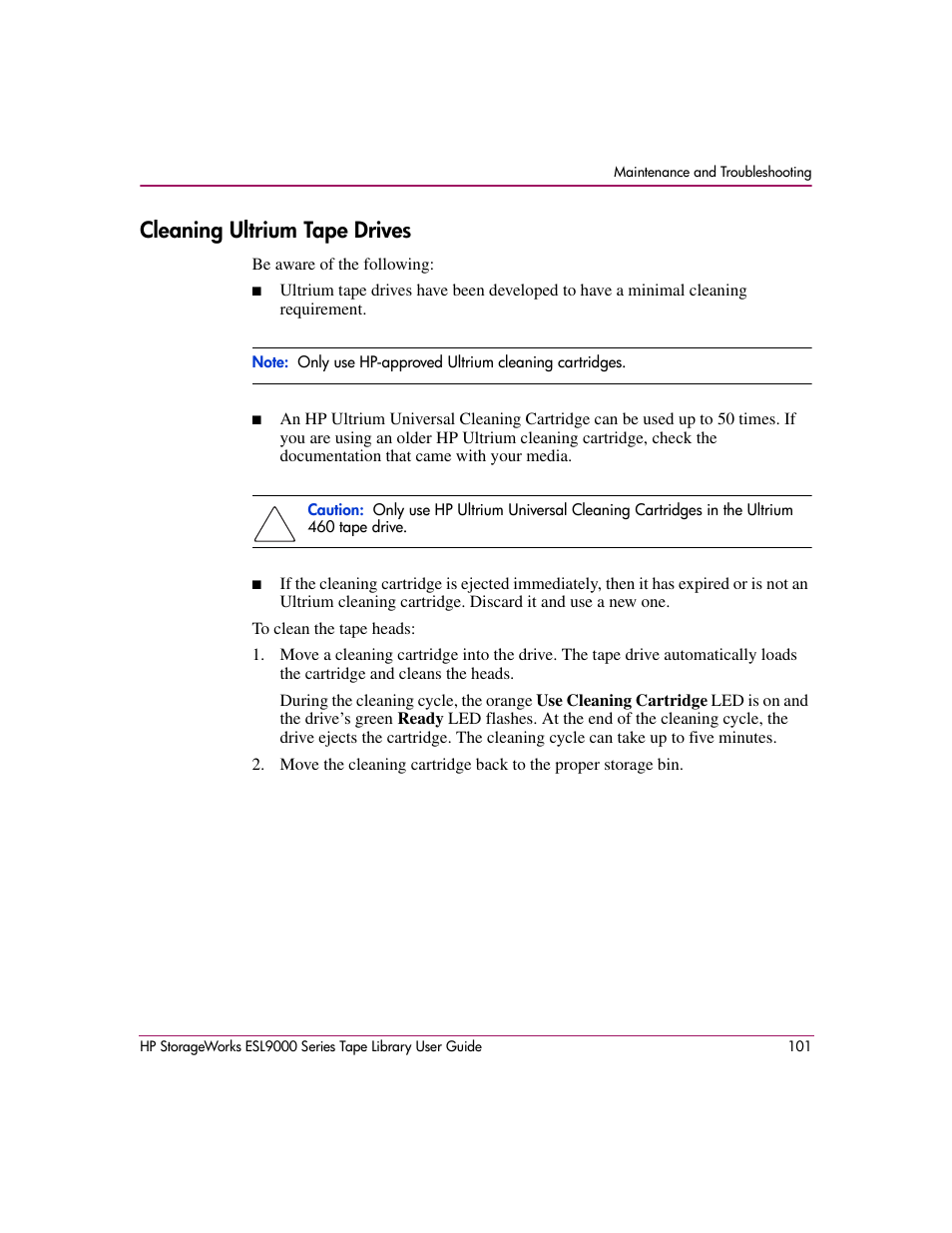 Cleaning ultrium tape drives | HP StorageWorks ESL9000 Tape Library User Manual | Page 101 / 142