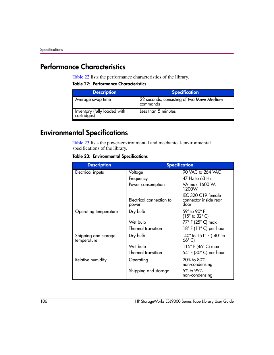 Performance characteristics, Table 22: performance characteristics, Environmental specifications | Table 23: environmental specifications | HP StorageWorks ESL9000 Tape Library User Manual | Page 106 / 142