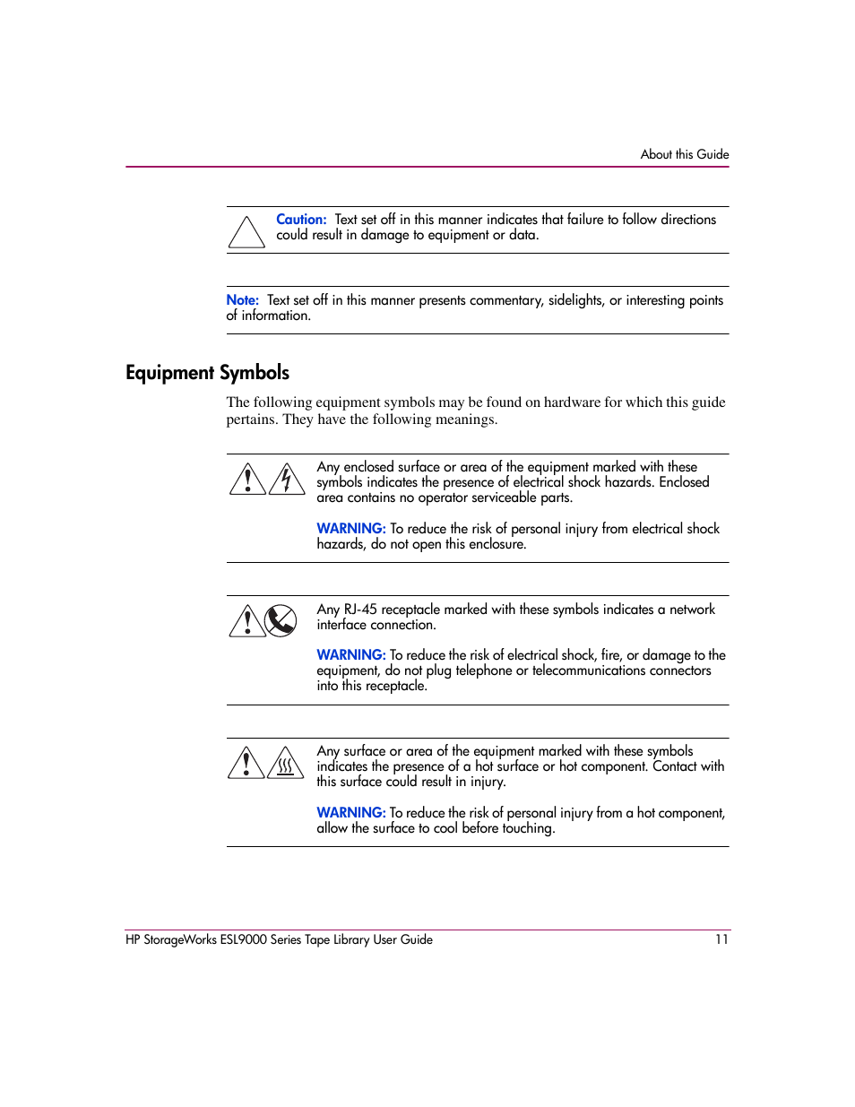 Equipment symbols | HP StorageWorks ESL9000 Tape Library User Manual | Page 11 / 142
