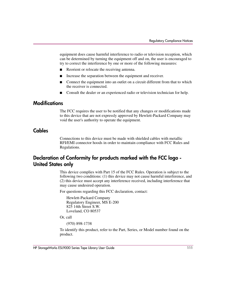 Modifications, Cables | HP StorageWorks ESL9000 Tape Library User Manual | Page 111 / 142