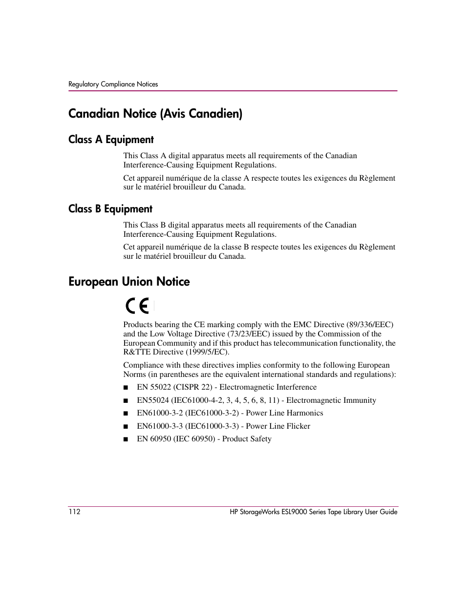 Canadian notice (avis canadien), Class a equipment, Class b equipment | European union notice, Class a equipment class b equipment | HP StorageWorks ESL9000 Tape Library User Manual | Page 112 / 142