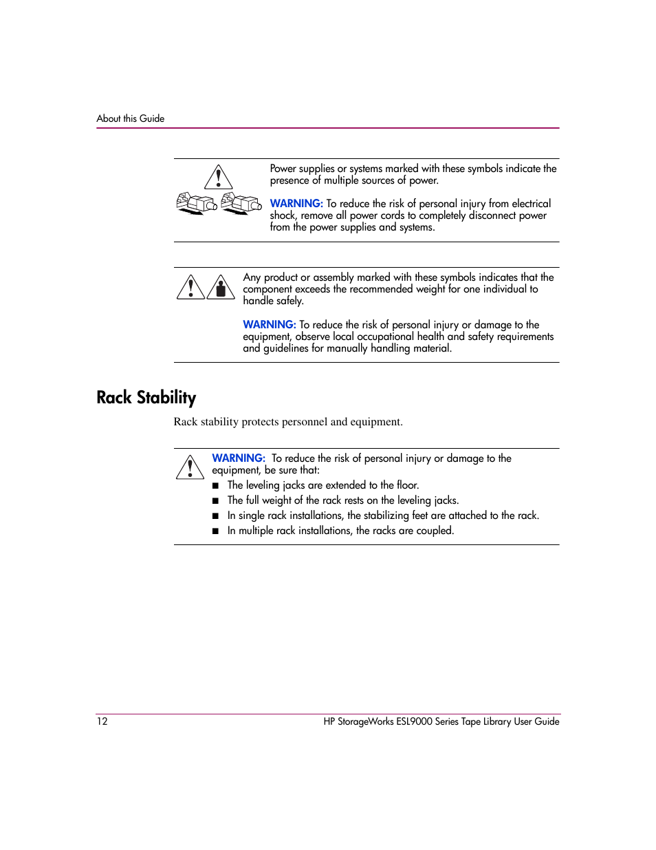 Rack stability | HP StorageWorks ESL9000 Tape Library User Manual | Page 12 / 142