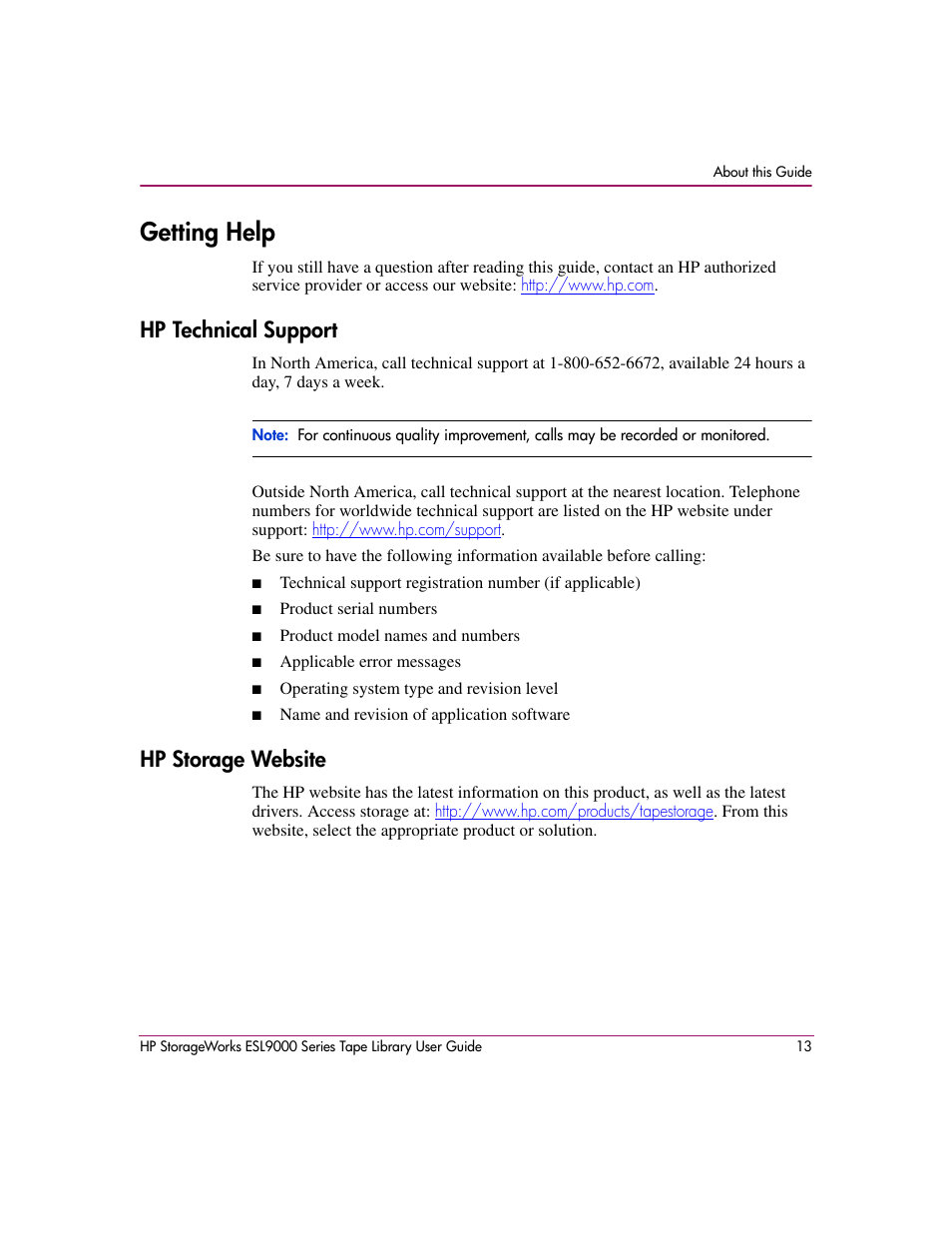 Getting help, Hp technical support, Hp storage website | Hp technical support hp storage website | HP StorageWorks ESL9000 Tape Library User Manual | Page 13 / 142