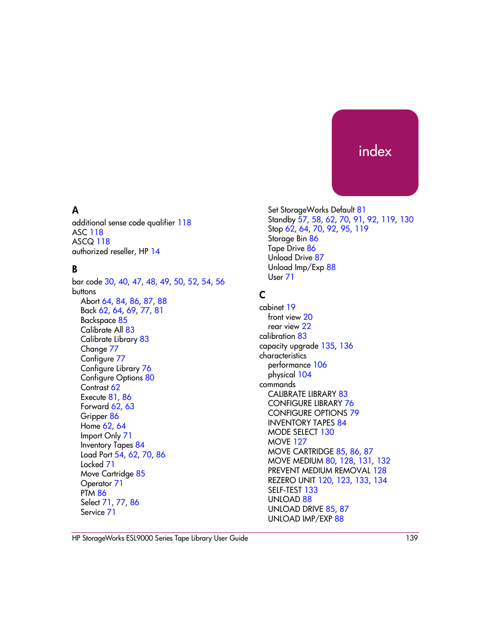 Index, Index index | HP StorageWorks ESL9000 Tape Library User Manual | Page 139 / 142