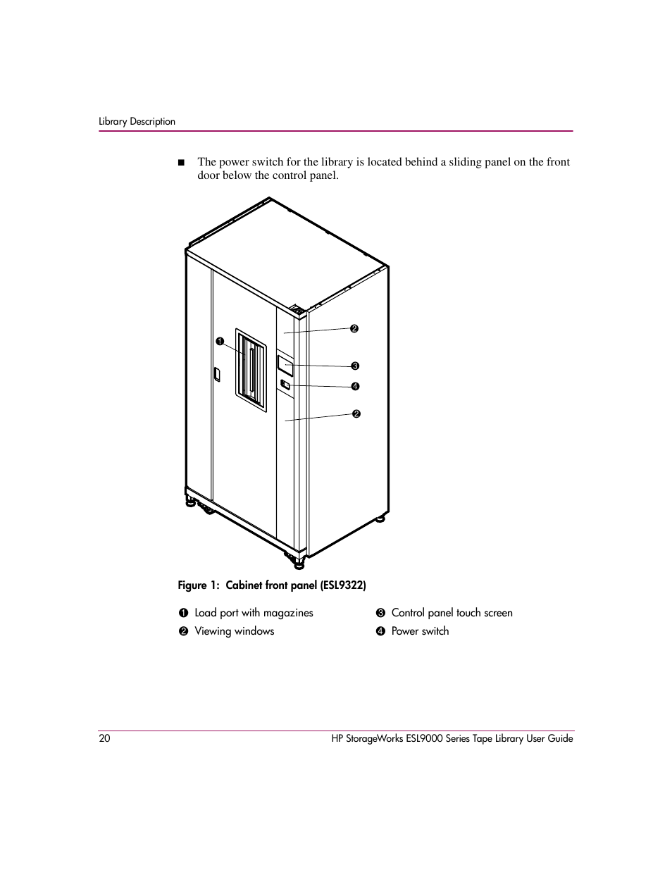 Figure 1: cabinet front panel (esl9322), 1 cabinet front panel (esl9322), Figure 1 | HP StorageWorks ESL9000 Tape Library User Manual | Page 20 / 142