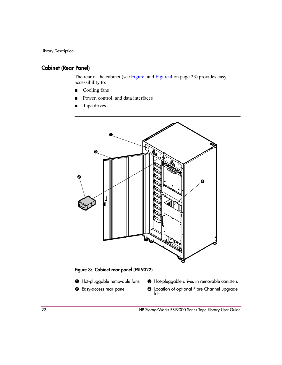 Cabinet (rear panel), Figure 3: cabinet rear panel (esl9322), 3 cabinet rear panel (esl9322) | HP StorageWorks ESL9000 Tape Library User Manual | Page 22 / 142