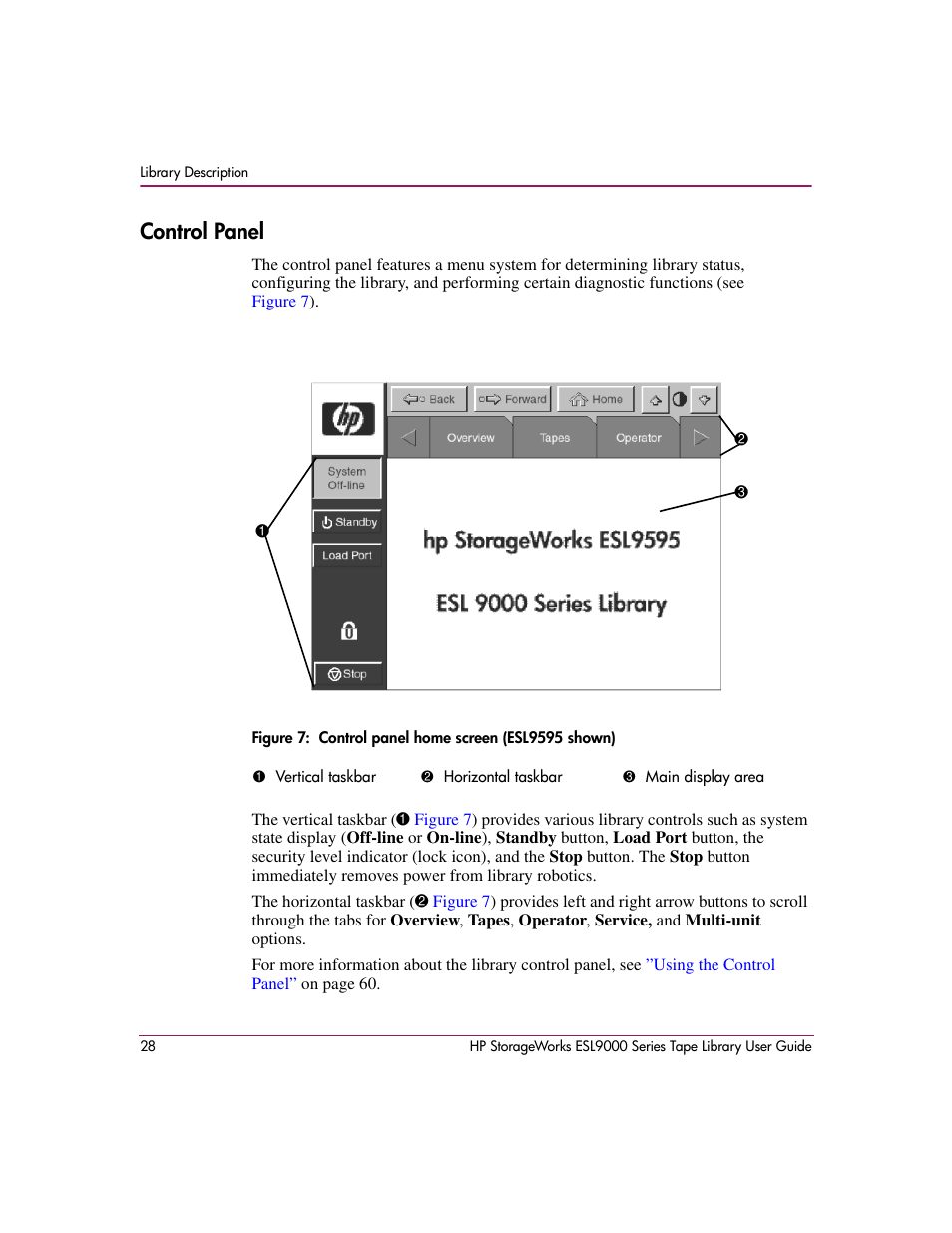 Control panel, 7 control panel home screen (esl9595 shown) | HP StorageWorks ESL9000 Tape Library User Manual | Page 28 / 142