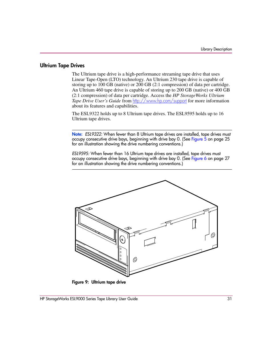 Ultrium tape drives, Figure 9: ultrium tape drive, 9 ultrium tape drive | HP StorageWorks ESL9000 Tape Library User Manual | Page 31 / 142