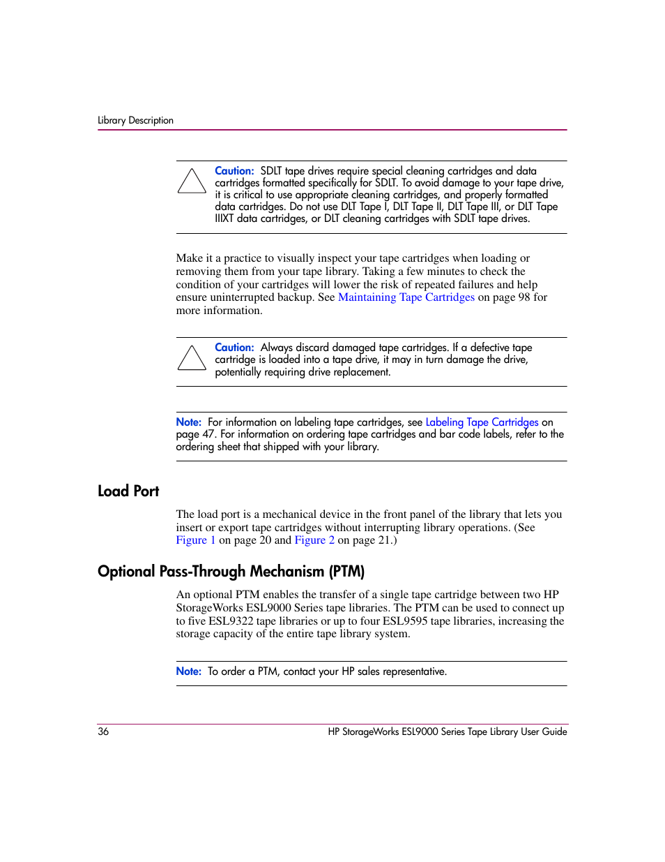 Load port, Optional pass-through mechanism (ptm), Load port optional pass-through mechanism (ptm) | HP StorageWorks ESL9000 Tape Library User Manual | Page 36 / 142