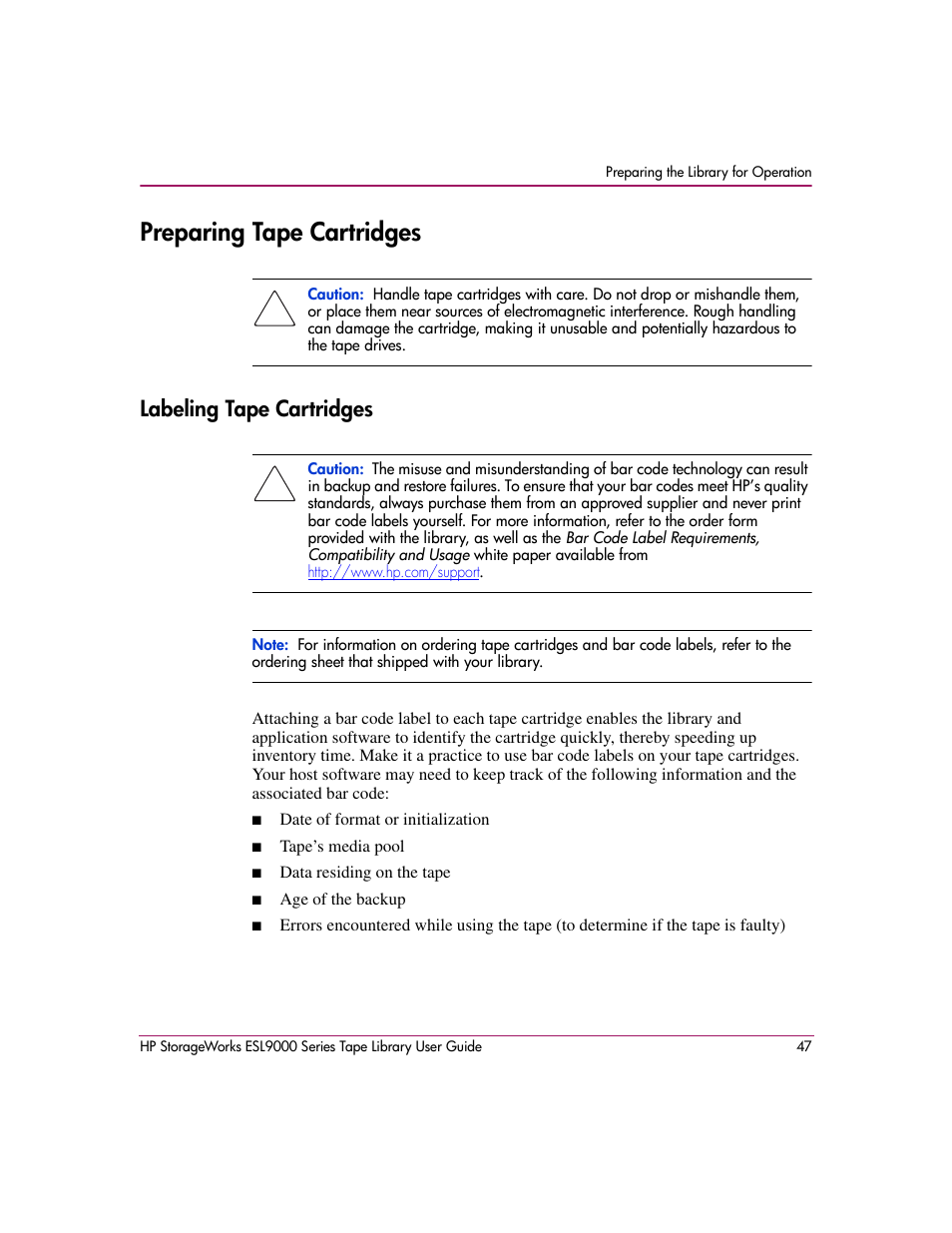 Preparing tape cartridges, Labeling tape cartridges | HP StorageWorks ESL9000 Tape Library User Manual | Page 47 / 142