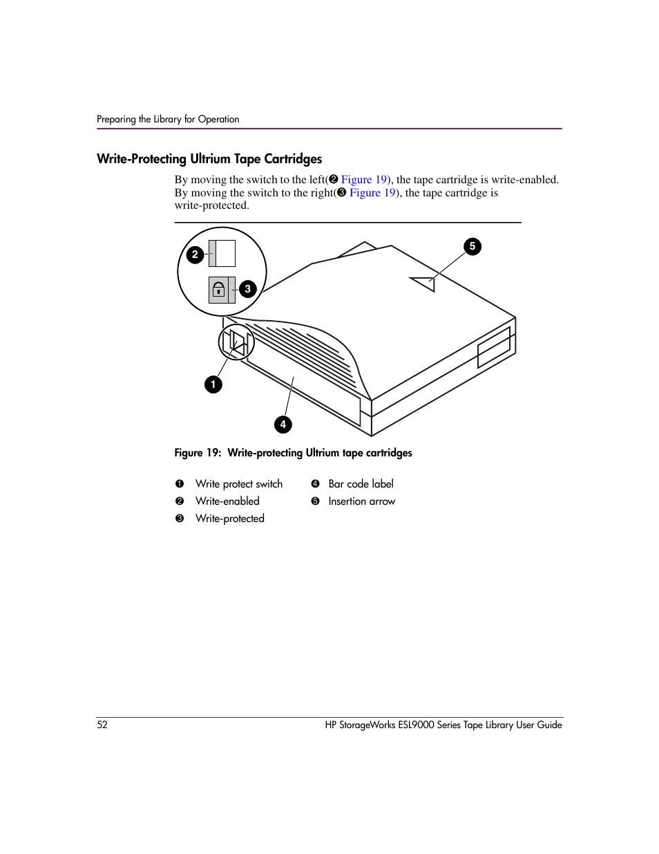 Write-protecting ultrium tape cartridges, 19 write-protecting ultrium tape cartridges, Figure 19 | HP StorageWorks ESL9000 Tape Library User Manual | Page 52 / 142