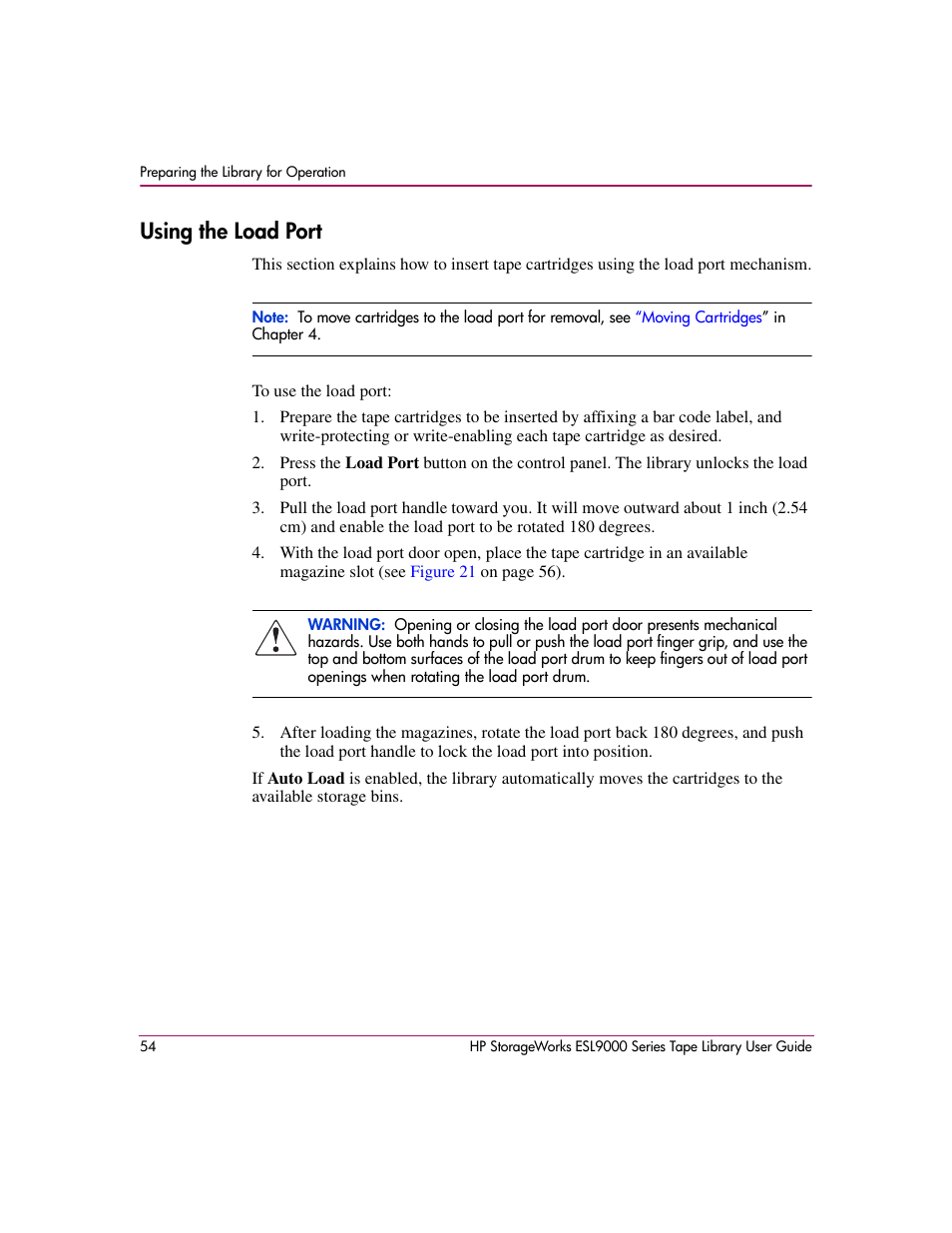 Using the load port | HP StorageWorks ESL9000 Tape Library User Manual | Page 54 / 142