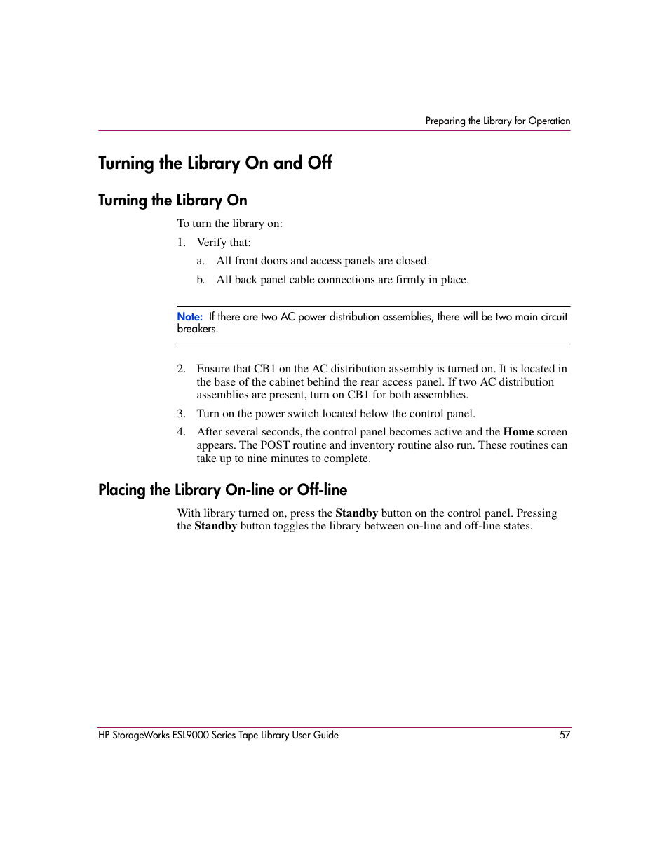 Turning the library on and off, Turning the library on, Placing the library on-line or off-line | HP StorageWorks ESL9000 Tape Library User Manual | Page 57 / 142