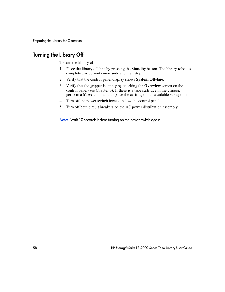 Turning the library off | HP StorageWorks ESL9000 Tape Library User Manual | Page 58 / 142