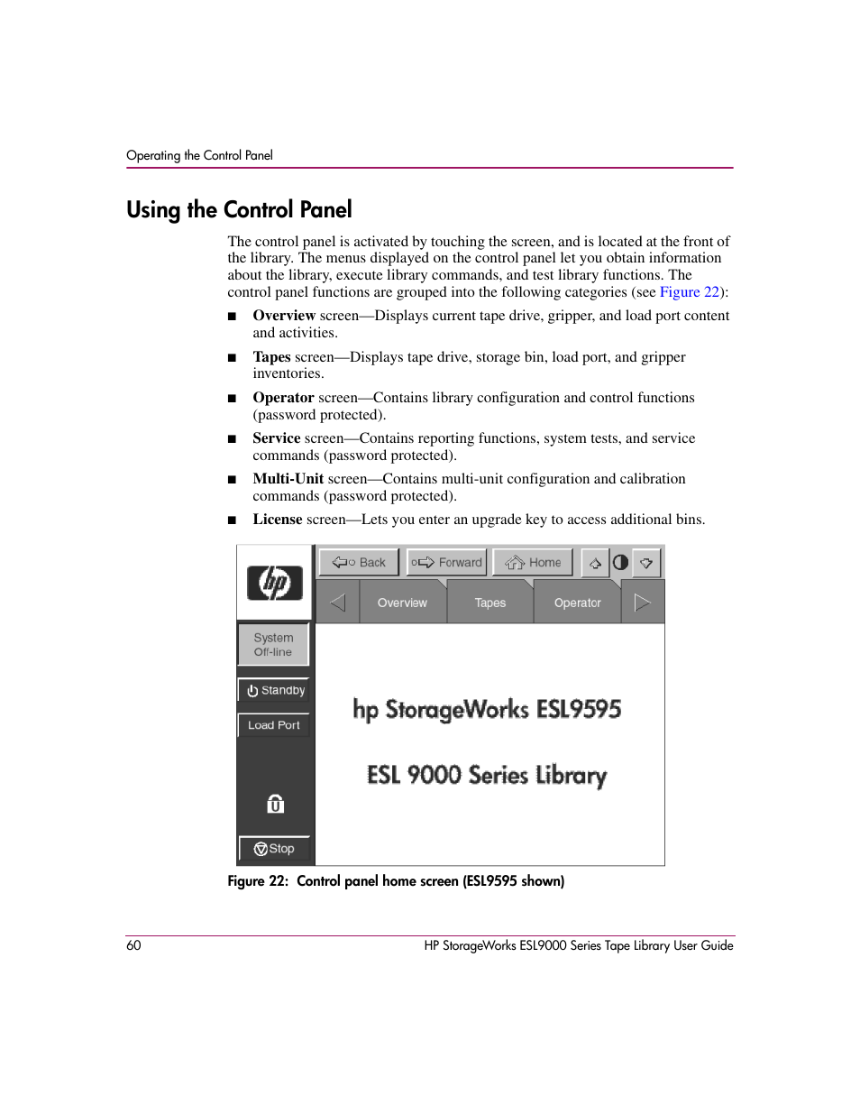 Using the control panel, 22 control panel home screen (esl9595 shown), Using the control | Panel | HP StorageWorks ESL9000 Tape Library User Manual | Page 60 / 142