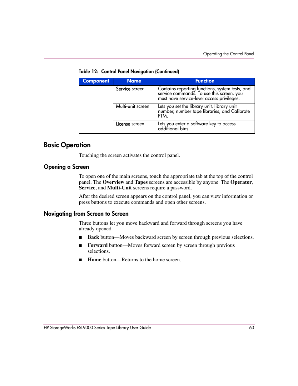 Basic operation, Opening a screen, Navigating from screen to screen | Opening a screen navigating from screen to screen | HP StorageWorks ESL9000 Tape Library User Manual | Page 63 / 142