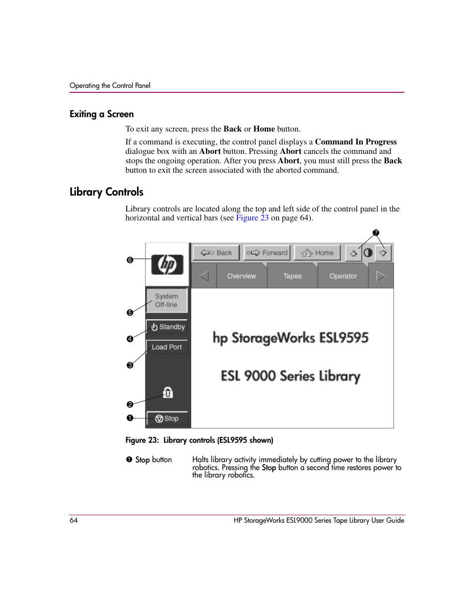 Exiting a screen, Library controls, Figure 23: library controls (esl9595 shown) | 23 library controls (esl9595 shown) | HP StorageWorks ESL9000 Tape Library User Manual | Page 64 / 142