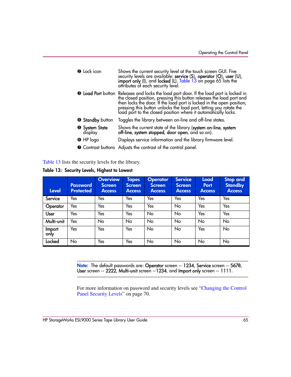 Table 13: security levels, highest to lowest, 13 security levels, highest to lowest | HP StorageWorks ESL9000 Tape Library User Manual | Page 65 / 142