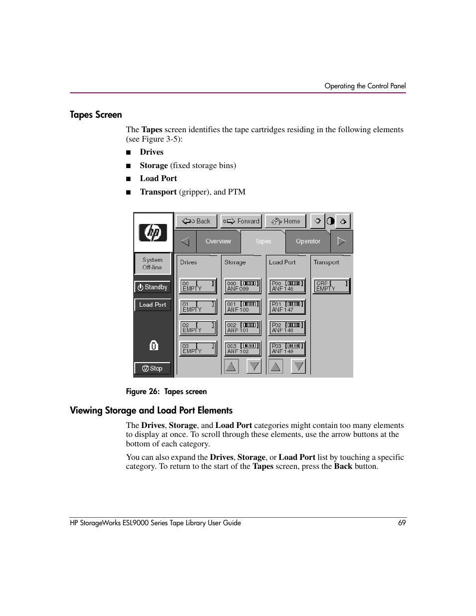 Tapes screen, Figure 26: tapes screen, Viewing storage and load port elements | 26 tapes screen | HP StorageWorks ESL9000 Tape Library User Manual | Page 69 / 142