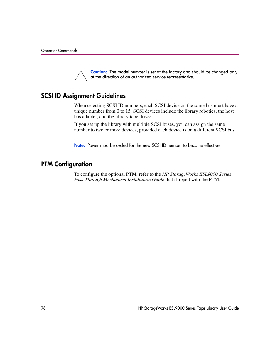 Scsi id assignment guidelines, Ptm configuration, Scsi id assignment guidelines ptm configuration | HP StorageWorks ESL9000 Tape Library User Manual | Page 78 / 142