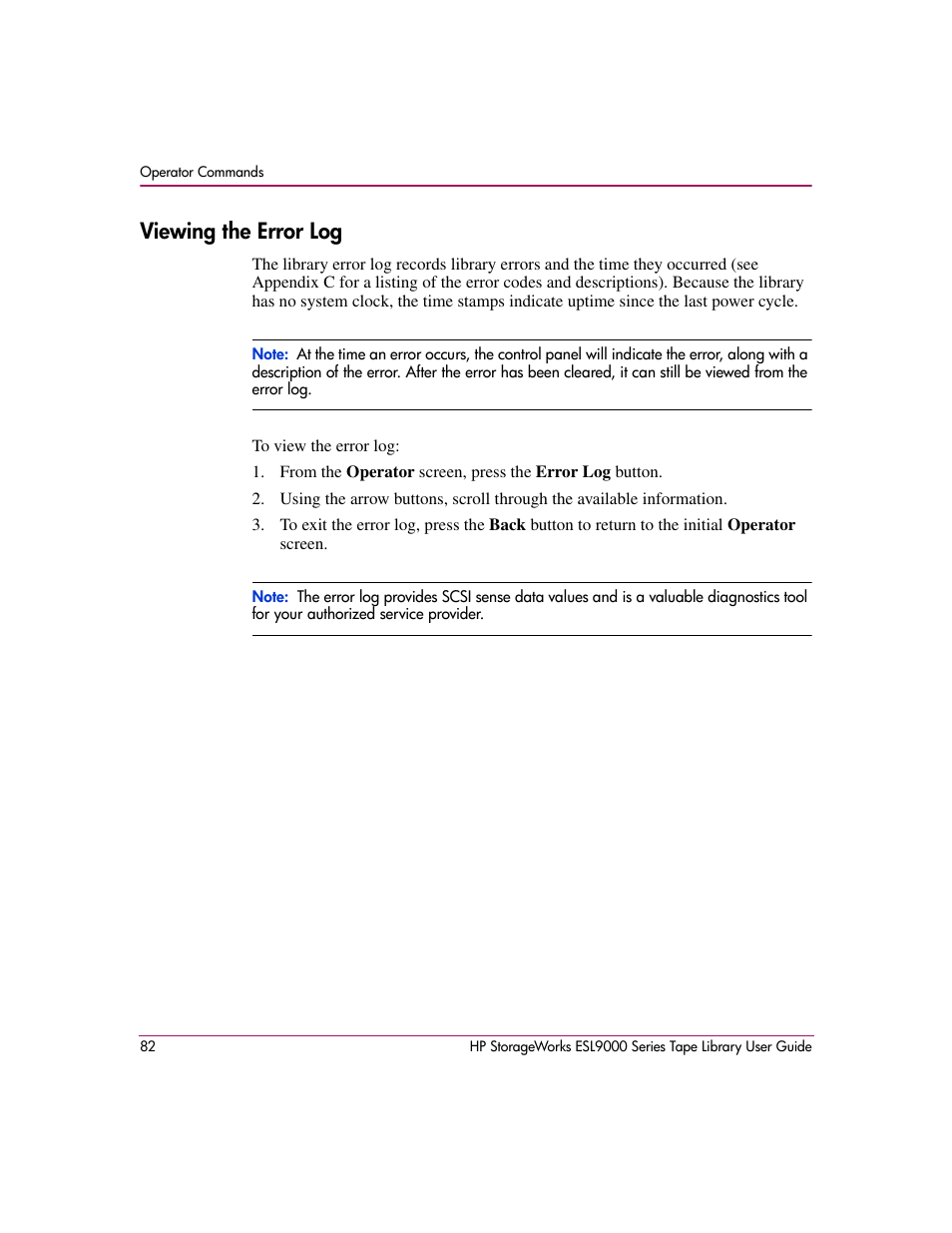 Viewing the error log | HP StorageWorks ESL9000 Tape Library User Manual | Page 82 / 142