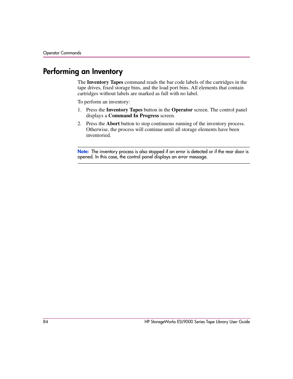 Performing an inventory | HP StorageWorks ESL9000 Tape Library User Manual | Page 84 / 142