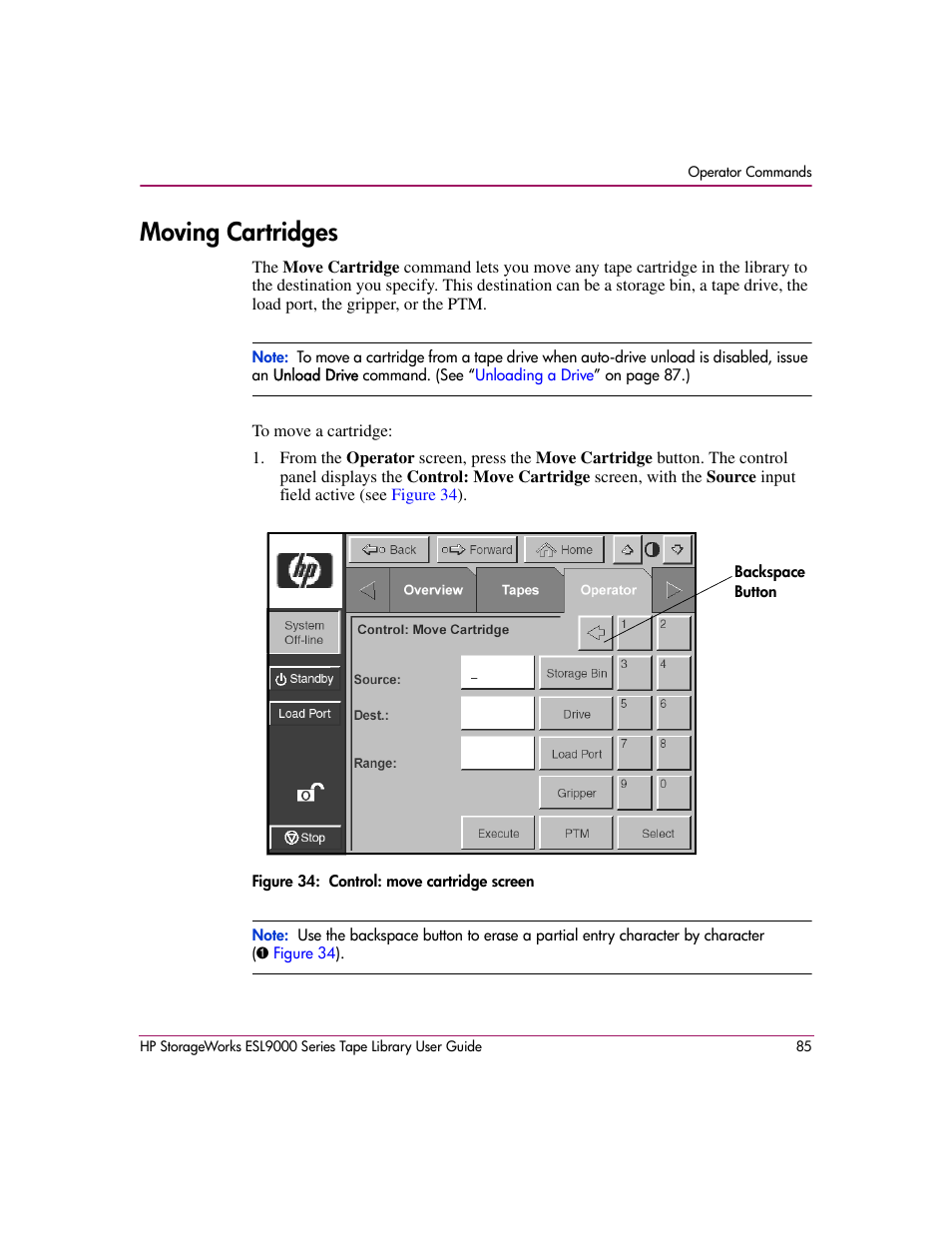 Moving cartridges, Figure 34: control: move cartridge screen, 34 control: move cartridge screen | HP StorageWorks ESL9000 Tape Library User Manual | Page 85 / 142