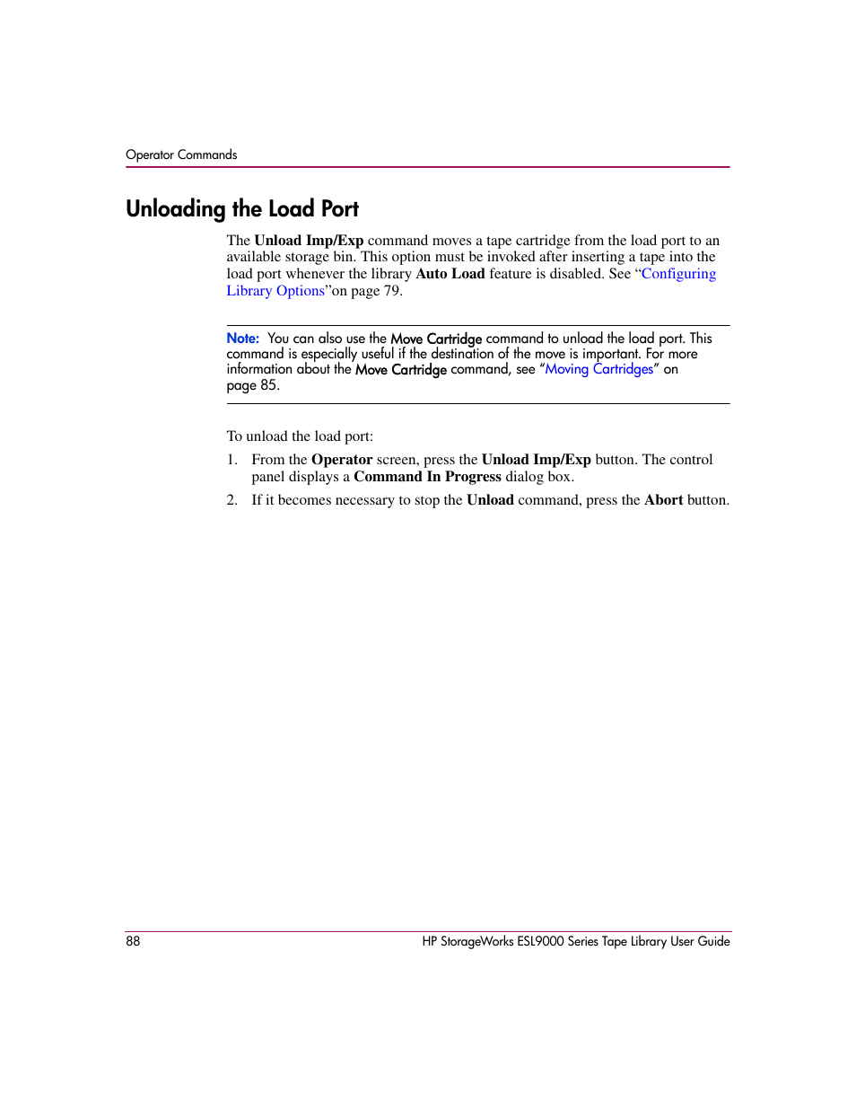 Unloading the load port | HP StorageWorks ESL9000 Tape Library User Manual | Page 88 / 142