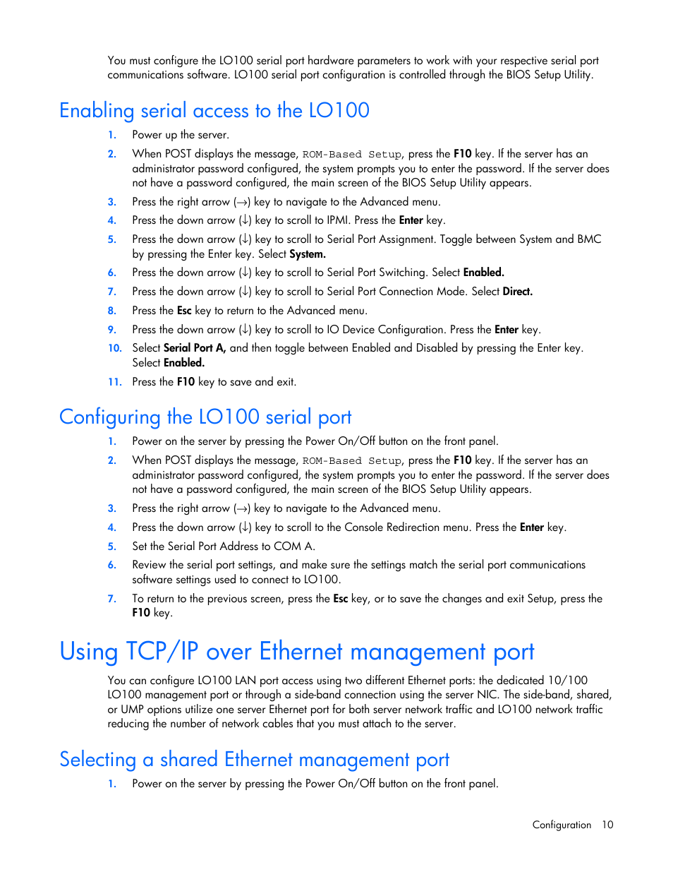 Enabling serial access to the lo100, Configuring the lo100 serial port, Using tcp/ip over ethernet management port | Selecting a shared ethernet management port | HP Lights-Out 100 Remote Management User Manual | Page 10 / 52