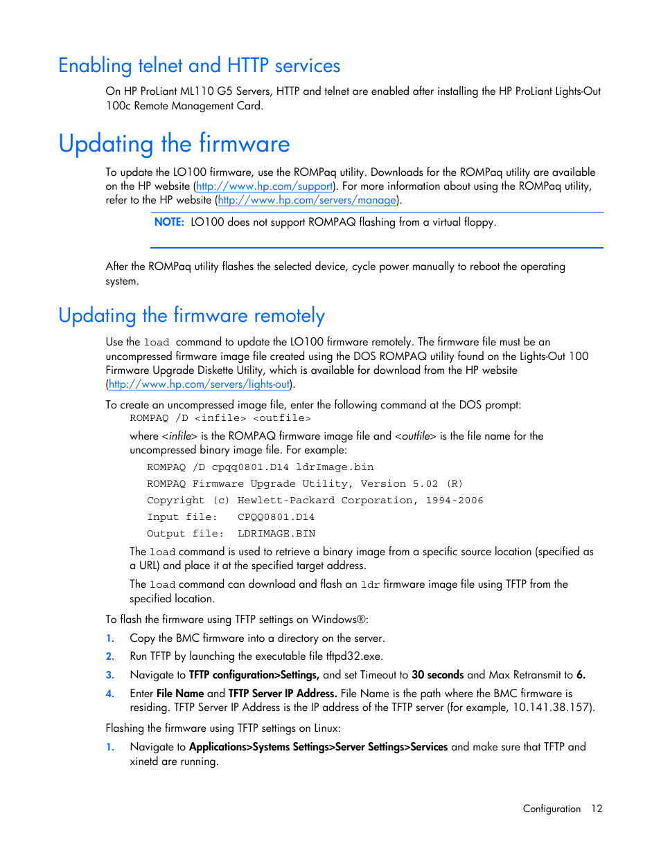 Enabling telnet and http services, Updating the firmware, Updating the firmware remotely | HP Lights-Out 100 Remote Management User Manual | Page 12 / 52