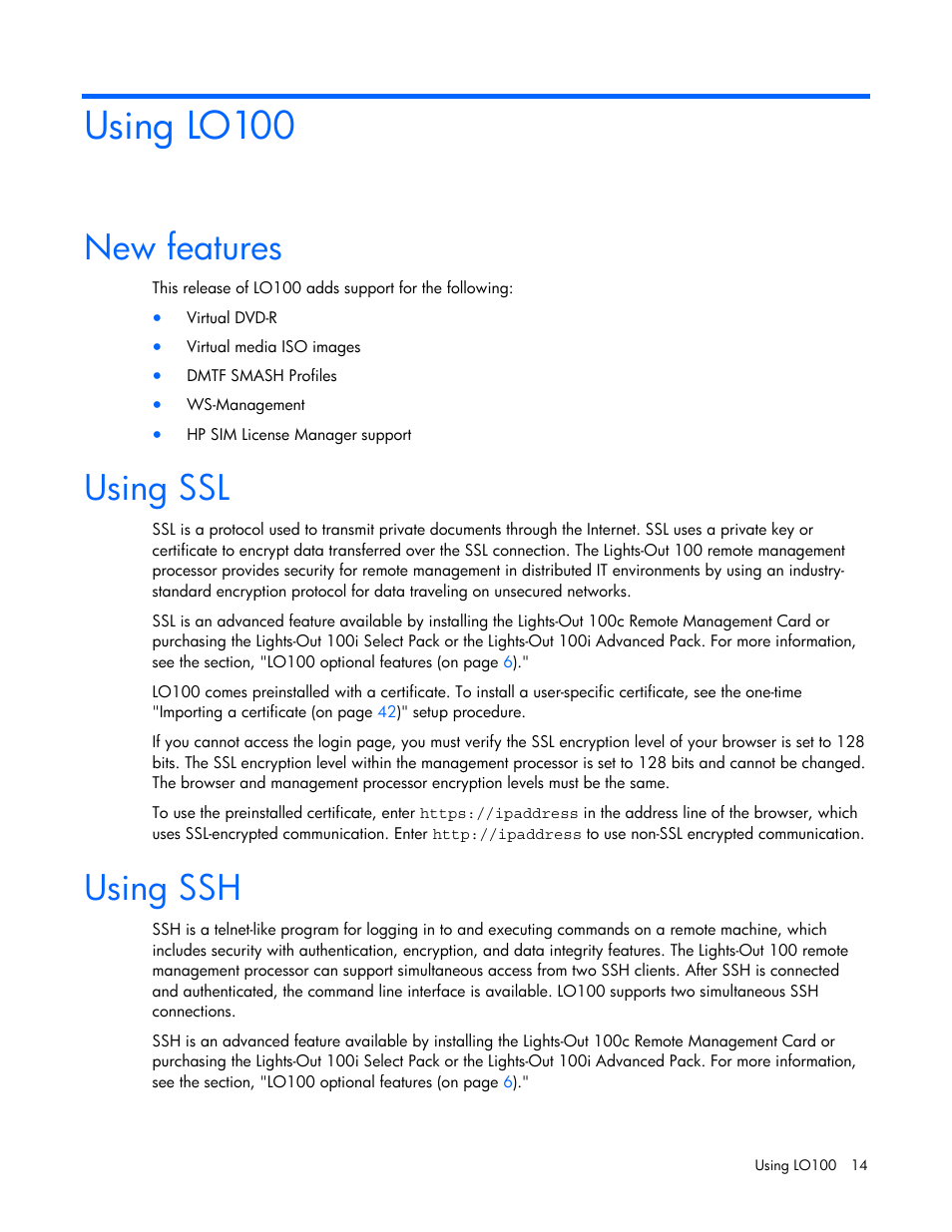 Using lo100, New features, Using ssl | Using ssh | HP Lights-Out 100 Remote Management User Manual | Page 14 / 52