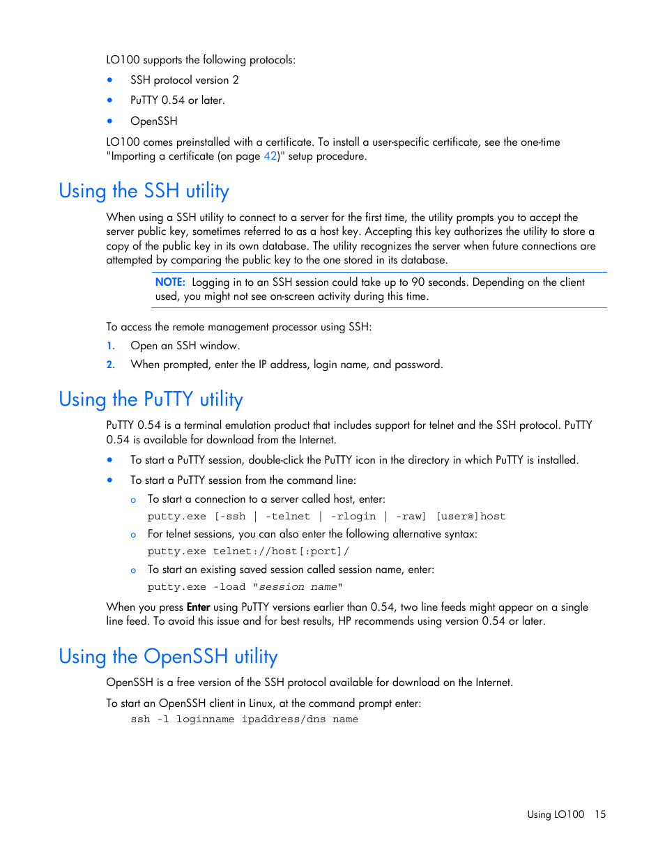 Using the ssh utility, Using the putty utility, Using the openssh utility | HP Lights-Out 100 Remote Management User Manual | Page 15 / 52