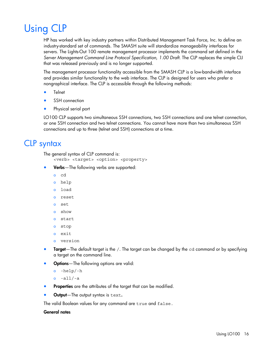 Using clp, Clp syntax | HP Lights-Out 100 Remote Management User Manual | Page 16 / 52