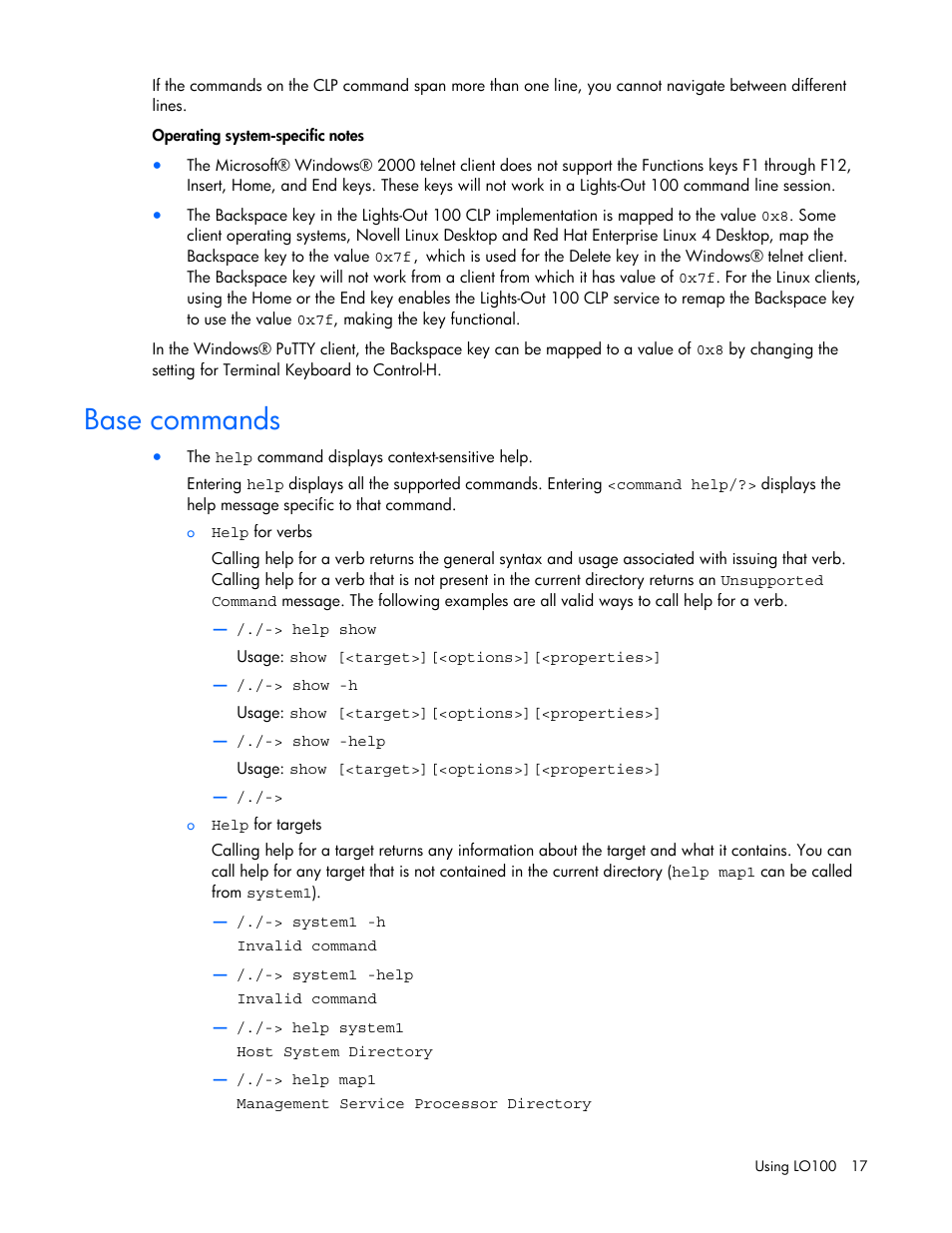 Base commands | HP Lights-Out 100 Remote Management User Manual | Page 17 / 52