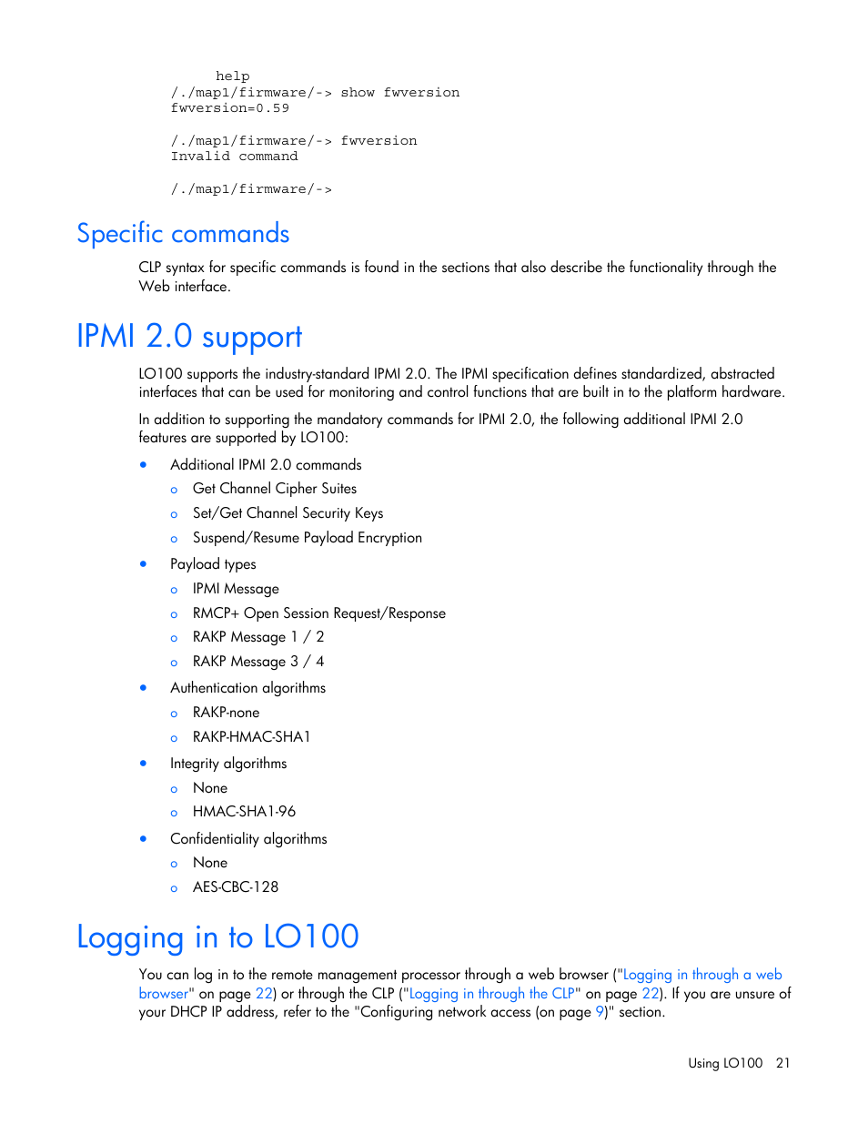 Specific commands, Ipmi 2.0 support, Logging in to lo100 | HP Lights-Out 100 Remote Management User Manual | Page 21 / 52