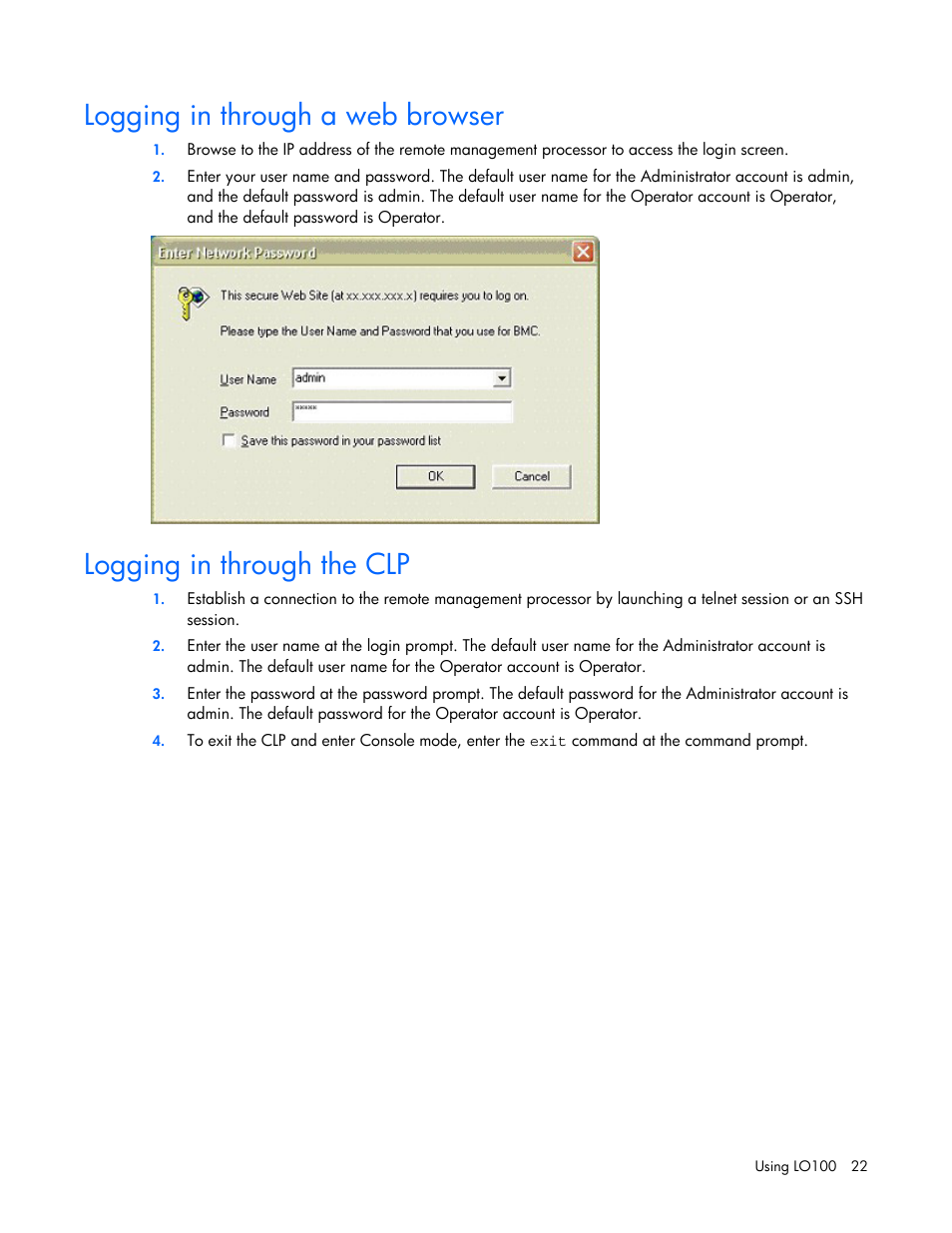 Logging in through a web browser, Logging in through the clp, Essor through a web browser | Logging in through a web | HP Lights-Out 100 Remote Management User Manual | Page 22 / 52